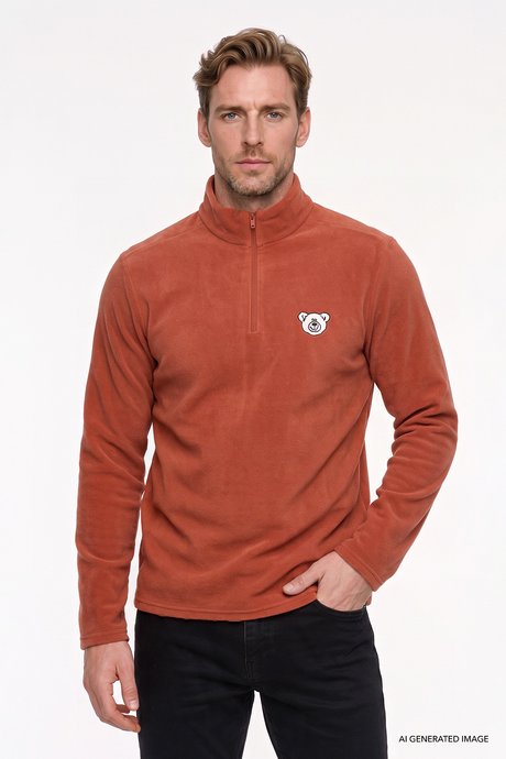 Anti-Pilling Tüylenme Yapmayan Soğuk Geçirmez Standart Fit Bato Yaka Nakışlı Sweatshirt Açık Kahve Polar resmi