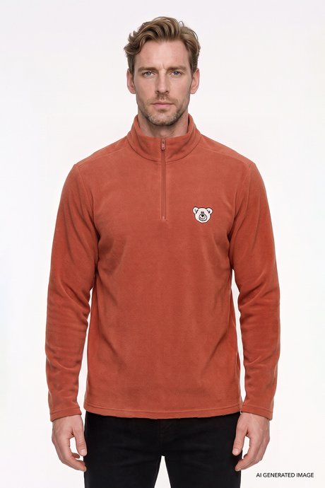 Anti-Pilling Tüylenme Yapmayan Soğuk Geçirmez Standart Fit Bato Yaka Nakışlı Sweatshirt Açık Kahve Polar resmi
