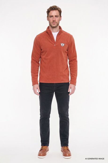 Anti-Pilling Tüylenme Yapmayan Soğuk Geçirmez Standart Fit Bato Yaka Nakışlı Sweatshirt Açık Kahve Polar resmi