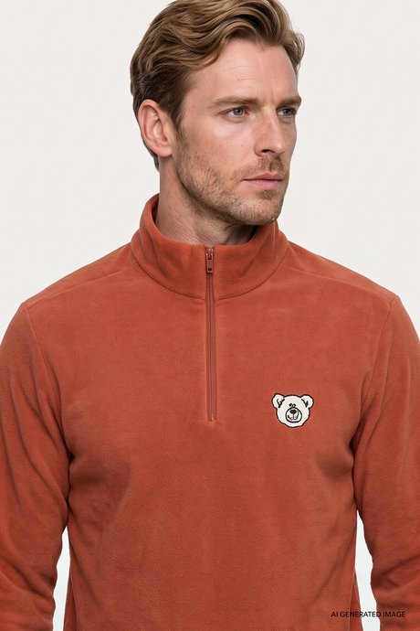 Anti-Pilling Tüylenme Yapmayan Soğuk Geçirmez Standart Fit Bato Yaka Nakışlı Sweatshirt Açık Kahve Polar resmi