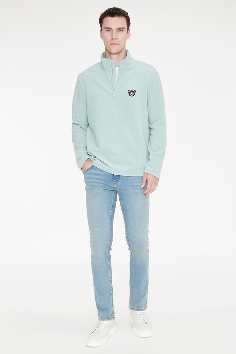 Anti-Pilling Tüylenme Yapmayan Soğuk Geçirmez Standart Fit Bato Yaka Nakışlı Sweatshirt Çağla Polar resmi