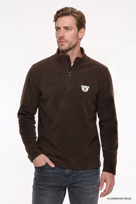 Anti-Pilling Tüylenme Yapmayan Soğuk Geçirmez Standart Fit Bato Yaka Nakışlı Sweatshirt Kahverengi Polar resmi