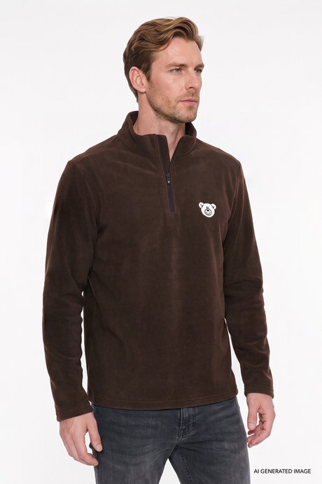 Anti-Pilling Tüylenme Yapmayan Soğuk Geçirmez Standart Fit Bato Yaka Nakışlı Sweatshirt Kahverengi Polar resmi