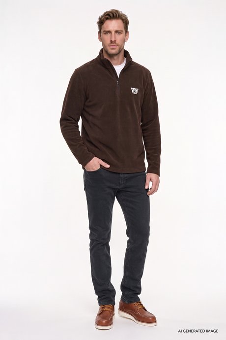 Anti-Pilling Tüylenme Yapmayan Soğuk Geçirmez Standart Fit Bato Yaka Nakışlı Sweatshirt Kahverengi Polar resmi