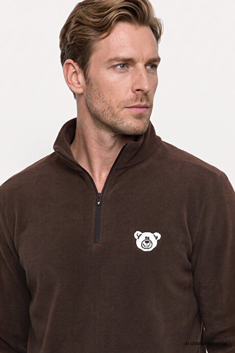 Anti-Pilling Tüylenme Yapmayan Soğuk Geçirmez Standart Fit Bato Yaka Nakışlı Sweatshirt Kahverengi Polar resmi