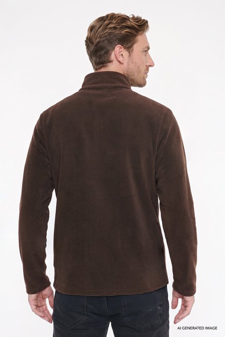 Anti-Pilling Tüylenme Yapmayan Soğuk Geçirmez Standart Fit Bato Yaka Nakışlı Sweatshirt Kahverengi Polar resmi