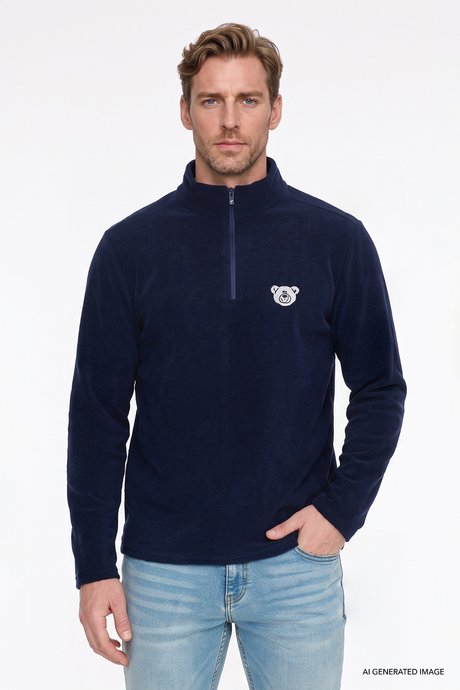 Anti-Pilling Tüylenme Yapmayan Soğuk Geçirmez Standart Fit Bato Yaka Nakışlı Sweatshirt Lacivert Polar resmi
