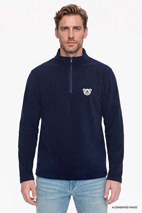 Anti-Pilling Tüylenme Yapmayan Soğuk Geçirmez Standart Fit Bato Yaka Nakışlı Sweatshirt Lacivert Polar resmi