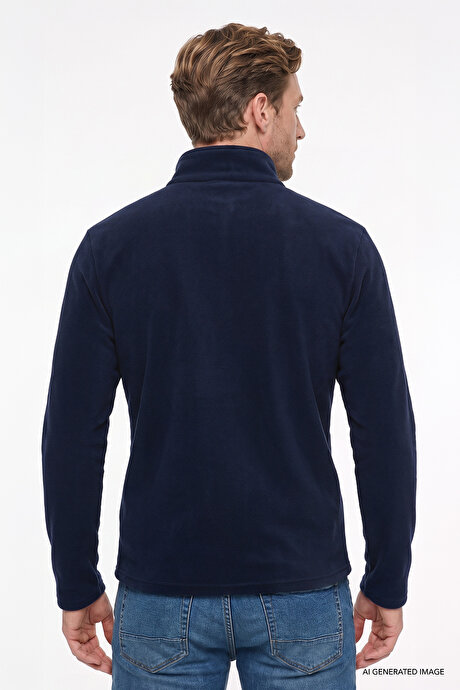 Anti-Pilling Tüylenme Yapmayan Soğuk Geçirmez Standart Fit Bato Yaka Nakışlı Sweatshirt Lacivert Polar resmi