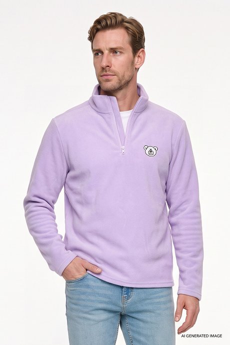 Anti-Pilling Tüylenme Yapmayan Soğuk Geçirmez Standart Fit Bato Yaka Nakışlı Sweatshirt Lila Polar resmi