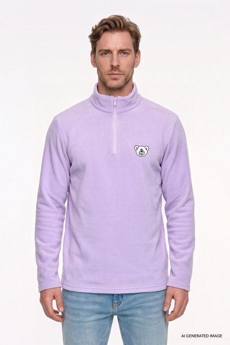 Anti-Pilling Tüylenme Yapmayan Soğuk Geçirmez Standart Fit Bato Yaka Nakışlı Sweatshirt Lila Polar resmi