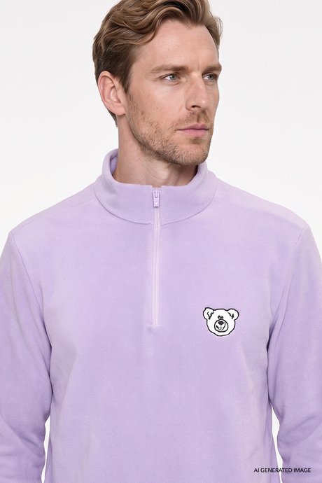 Anti-Pilling Tüylenme Yapmayan Soğuk Geçirmez Standart Fit Bato Yaka Nakışlı Sweatshirt Lila Polar resmi