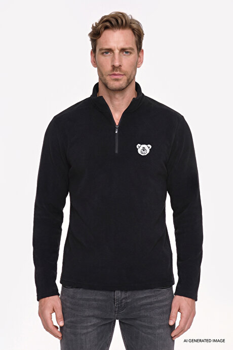 Anti-Pilling Tüylenme Yapmayan Soğuk Geçirmez Standart Fit Bato Yaka Nakışlı Sweatshirt Siyah Polar resmi