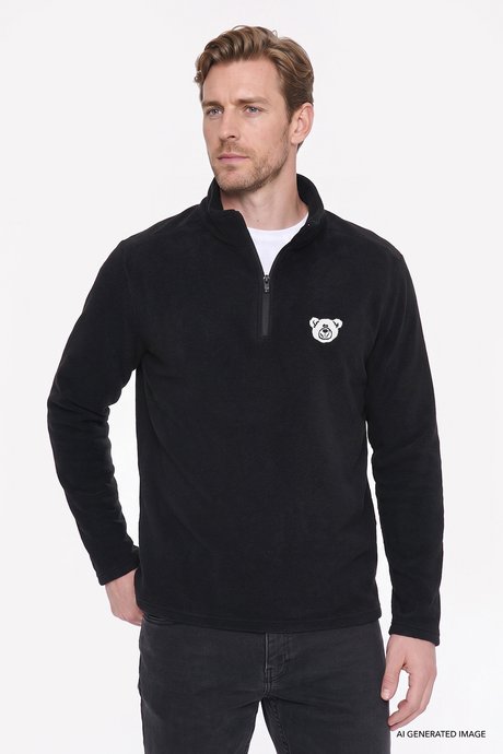 Anti-Pilling Tüylenme Yapmayan Soğuk Geçirmez Standart Fit Bato Yaka Nakışlı Sweatshirt Siyah Polar resmi