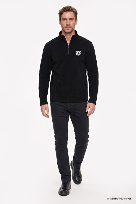 Anti-Pilling Tüylenme Yapmayan Soğuk Geçirmez Standart Fit Bato Yaka Nakışlı Sweatshirt Siyah Polar resmi