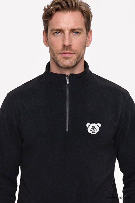 Anti-Pilling Tüylenme Yapmayan Soğuk Geçirmez Standart Fit Bato Yaka Nakışlı Sweatshirt Siyah Polar resmi