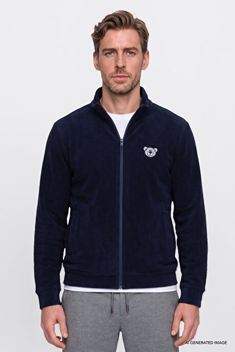 Anti-Pilling Tüylenme Yapmayan Sıcak Tutan Bato Yaka Fermuarlı Nakışlı Sweatshirt Lacivert Polar resmi