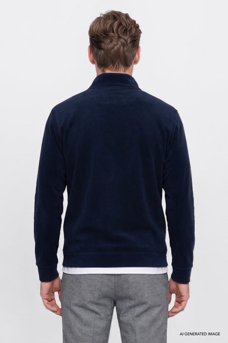 Anti-Pilling Tüylenme Yapmayan Sıcak Tutan Bato Yaka Fermuarlı Nakışlı Sweatshirt Lacivert Polar resmi