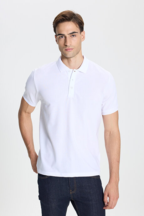 Pamuklu Slim Fit Dar Kesim Polo Yaka Beyaz-Beyaz Tişört resmi