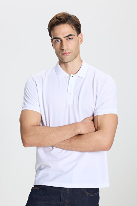 Pamuklu Slim Fit Dar Kesim Polo Yaka Beyaz-Beyaz Tişört resmi