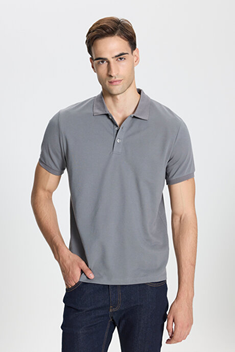 Pamuklu Slim Fit Dar Kesim Polo Yaka Gri-Gri Tişört resmi