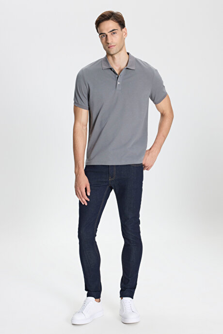 Pamuklu Slim Fit Dar Kesim Polo Yaka Gri-Gri Tişört resmi