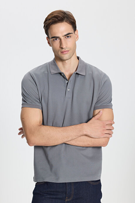 Pamuklu Slim Fit Dar Kesim Polo Yaka Gri-Gri Tişört resmi