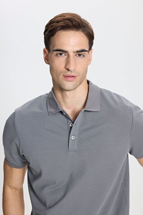 Pamuklu Slim Fit Dar Kesim Polo Yaka Gri-Gri Tişört resmi