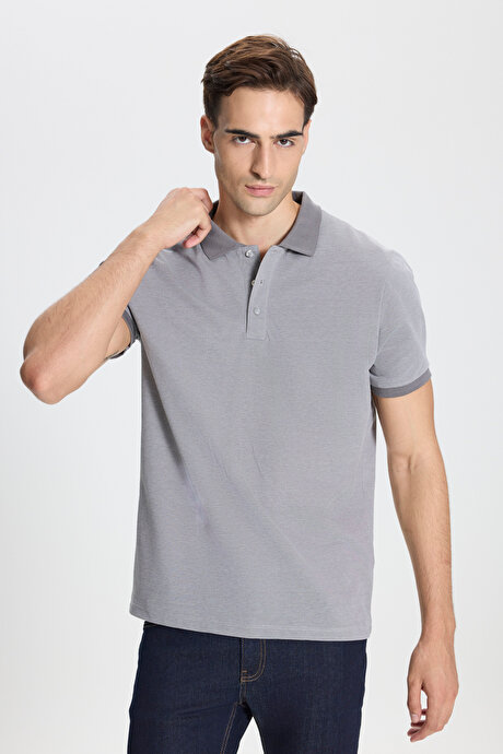 Pamuklu Slim Fit Dar Kesim Polo Yaka Gri-Beyaz Tişört resmi