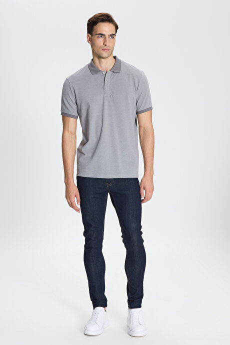Pamuklu Slim Fit Dar Kesim Polo Yaka Gri-Beyaz Tişört resmi