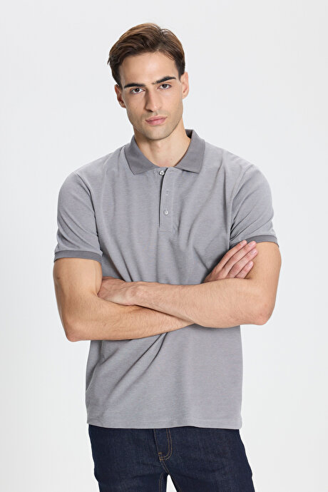 Pamuklu Slim Fit Dar Kesim Polo Yaka Gri-Beyaz Tişört resmi
