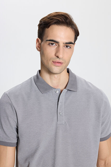 Pamuklu Slim Fit Dar Kesim Polo Yaka Gri-Beyaz Tişört resmi