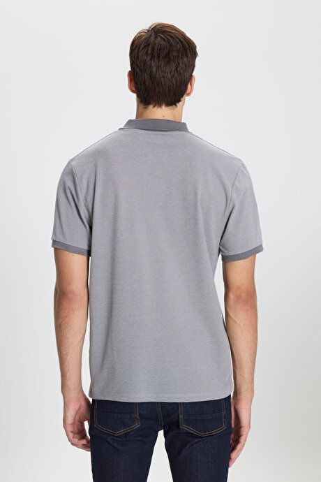 Pamuklu Slim Fit Dar Kesim Polo Yaka Gri-Beyaz Tişört resmi