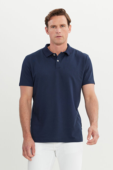 Pamuklu Slim Fit Dar Kesim Polo Yaka Lacivert Tişört resmi