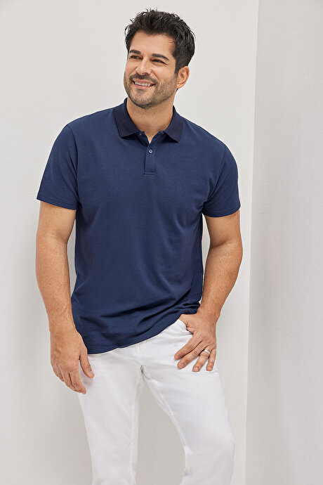 Pamuklu Slim Fit Dar Kesim Polo Yaka Lacivert Tişört resmi