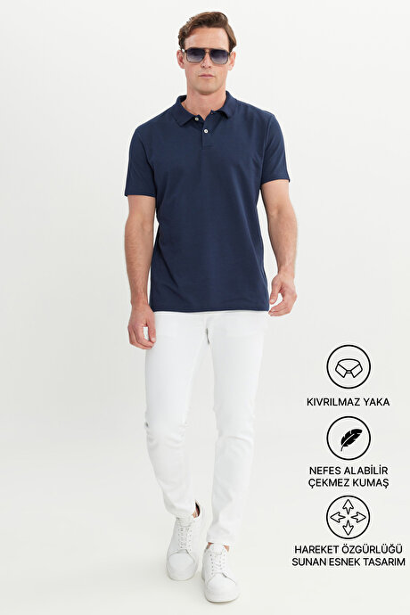 Pamuklu Slim Fit Dar Kesim Polo Yaka Lacivert Tişört resmi