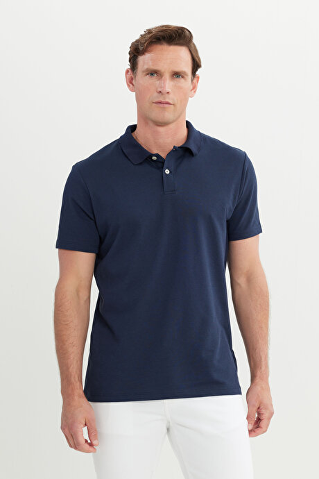 Pamuklu Slim Fit Dar Kesim Polo Yaka Lacivert Tişört resmi