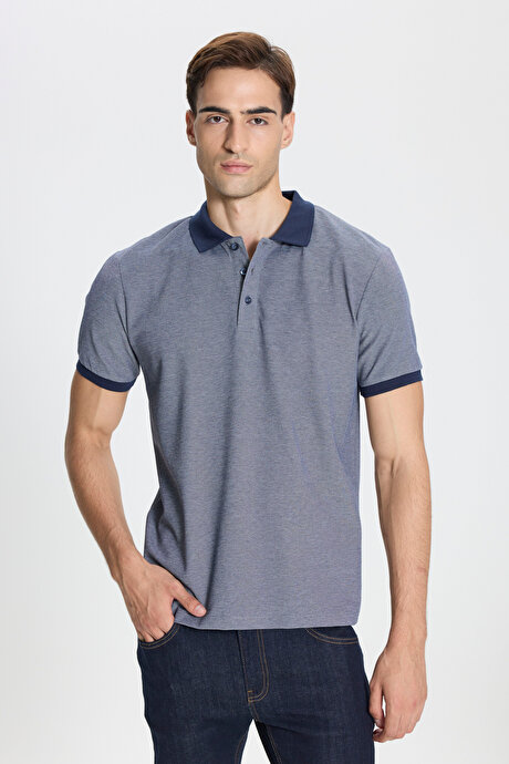 Pamuklu Slim Fit Dar Kesim Polo Yaka Lacivert-Beyaz Tişört resmi