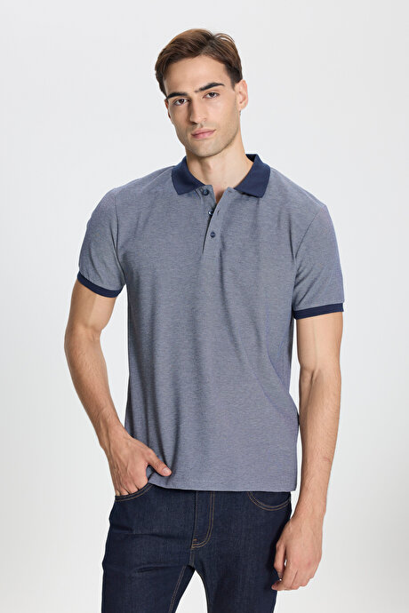 Pamuklu Slim Fit Dar Kesim Polo Yaka Lacivert-Beyaz Tişört resmi