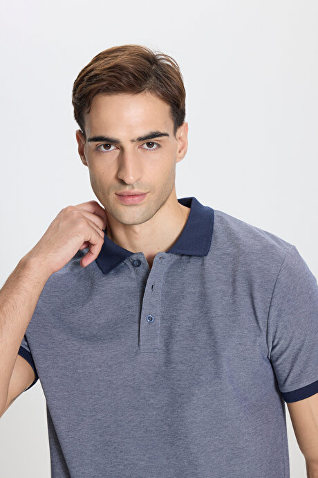 Pamuklu Slim Fit Dar Kesim Polo Yaka Lacivert-Beyaz Tişört resmi