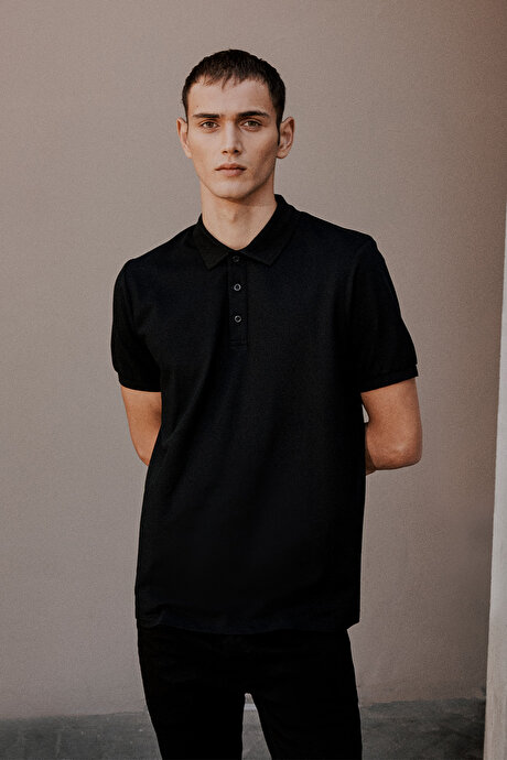 Pamuklu Slim Fit Dar Kesim Polo Yaka Siyah-Siyah Tişört resmi