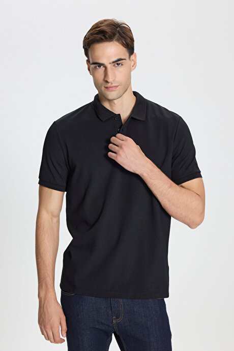 Pamuklu Slim Fit Dar Kesim Polo Yaka Siyah-Siyah Tişört resmi