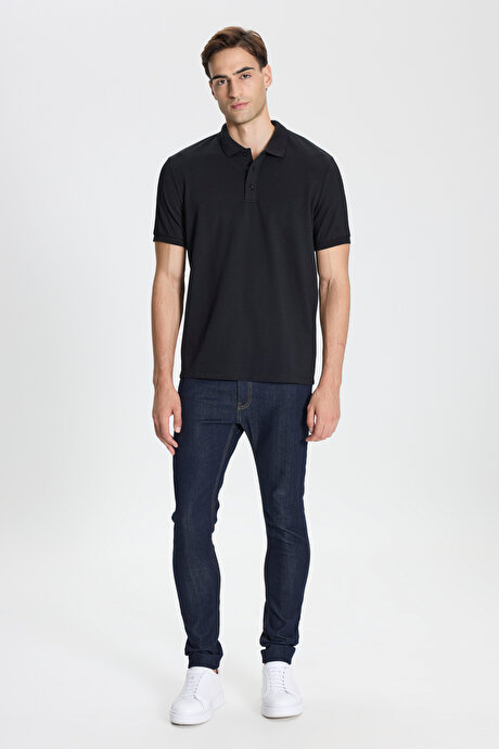 Pamuklu Slim Fit Dar Kesim Polo Yaka Siyah-Siyah Tişört resmi