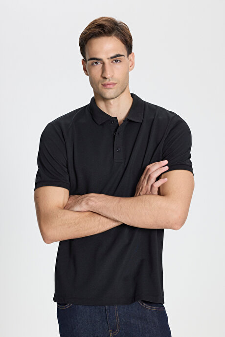 Pamuklu Slim Fit Dar Kesim Polo Yaka Siyah-Siyah Tişört resmi
