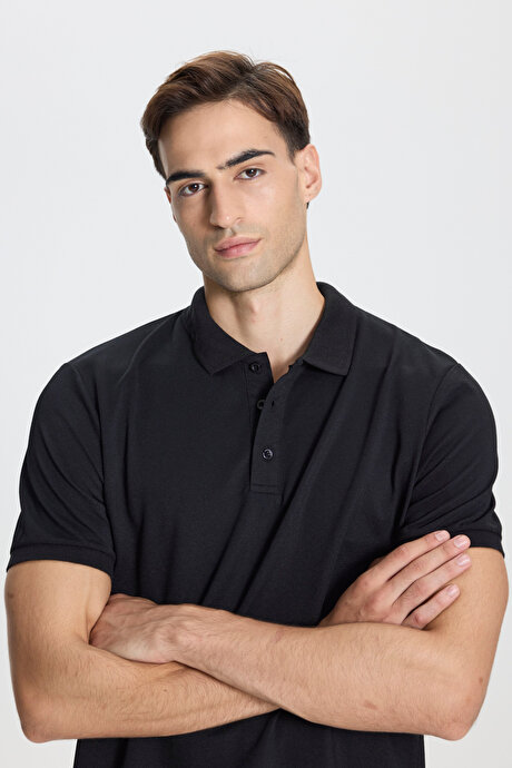 Pamuklu Slim Fit Dar Kesim Polo Yaka Siyah-Siyah Tişört resmi