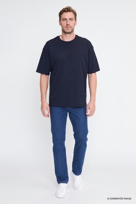 %100 Pamuk Oversize Fit Rahat Kesim Bisiklet Yaka Basic Lacivert Tişört resmi