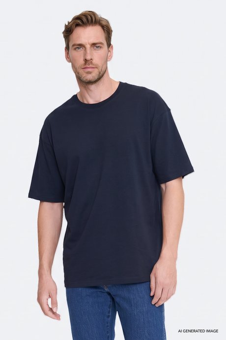 %100 Pamuk Oversize Fit Rahat Kesim Bisiklet Yaka Basic Lacivert Tişört resmi