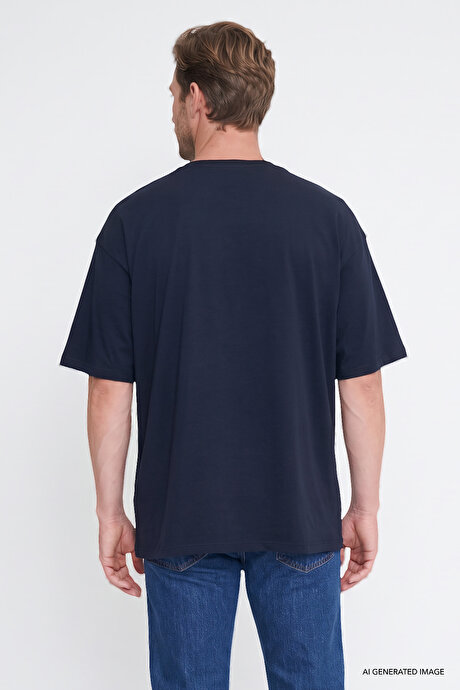 %100 Pamuk Oversize Fit Rahat Kesim Bisiklet Yaka Basic Lacivert Tişört resmi