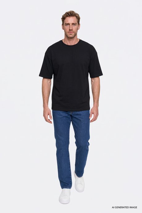 %100 Pamuk Oversize Fit Rahat Kesim Bisiklet Yaka Basic Siyah Tişört resmi