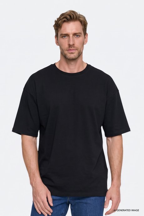 %100 Pamuk Oversize Fit Rahat Kesim Bisiklet Yaka Basic Siyah Tişört resmi